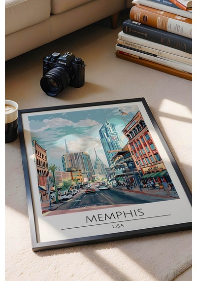 Abd Memphis Temalı Çerçeveli Tablo Travel Serisi Modern İllüstrasyon Şehir Duvar Dekoru Siyah