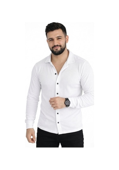 Erkek Waffle Kumaş Uzun Kollu Düğmeli Açık Yaka Regular Fit Gömlek - Beyaz Çok Renkli