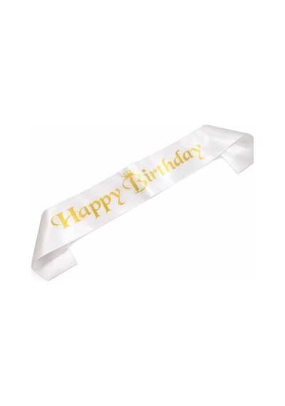 Kuşak Saten Happy Birthday Beyaz Üzeri Altın Baskılı Doğum Günü Tüm Yaşlar
