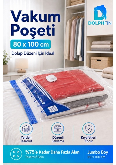 Vakumlu Poşet 80x100 Cm Battal Boy Yorgan Battaniye Hurç Giysi Saklama Torbası 1 Adet Şeffaf