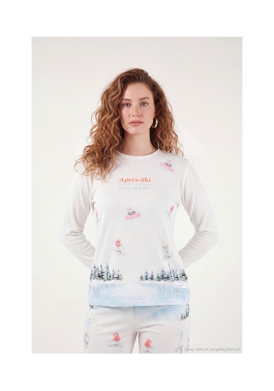 Lela Kış Temalı Bisiklet Yaka Uzun Kollu Pijama Takımı Kadın Pijama Takımı 6575019 Krem