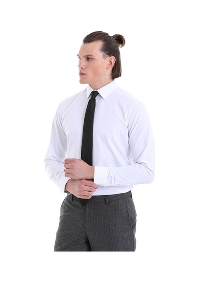 Hatemoğlu Beyaz Slim Fit Desenli Pamuklu Uzun Kollu Klasik Gömlek Beyaz