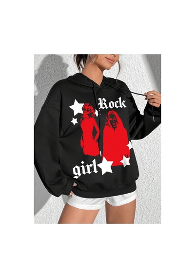 Tarzsokak Coke Serisi Figure & Letter Graphic Drop Shoulder Drawstring Hoodie Siyah