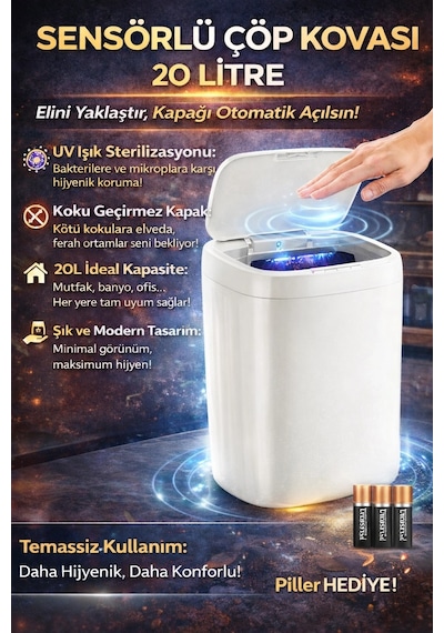 Buğz Akıllı Sensörlü Uv Işıklı 20 Litre Çöp Kovası - Mutfak, Banyo, İşyeri Ve Ofis Kullanımı Diğer