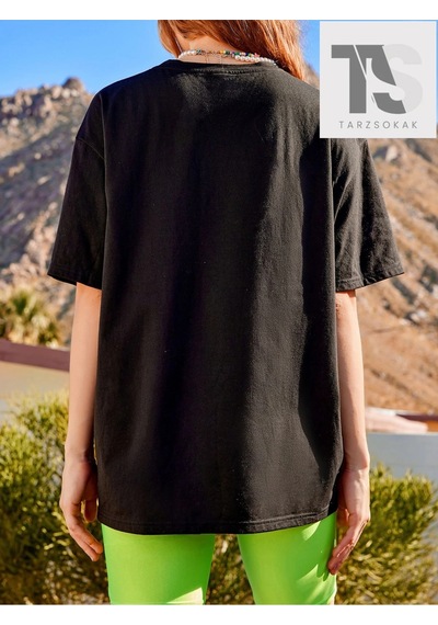 Startmore Araba Ve Harf Grafikli Düşük Omuz Oversize Tişört Siyah