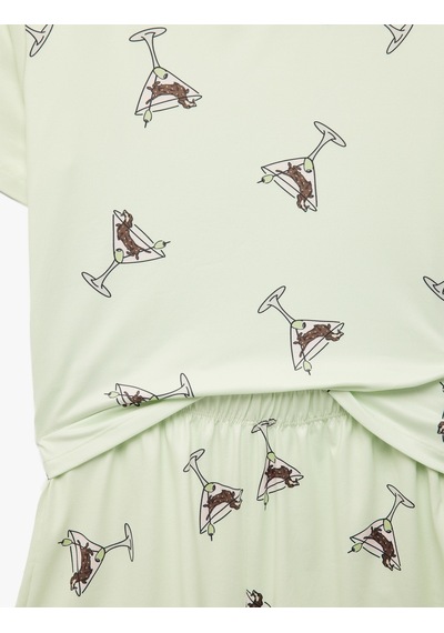 Koton Bisiklet Yaka Kısa Kollu Rahat Kesim Şortlu Pijama Takımı Yeşil 6slk40171mk