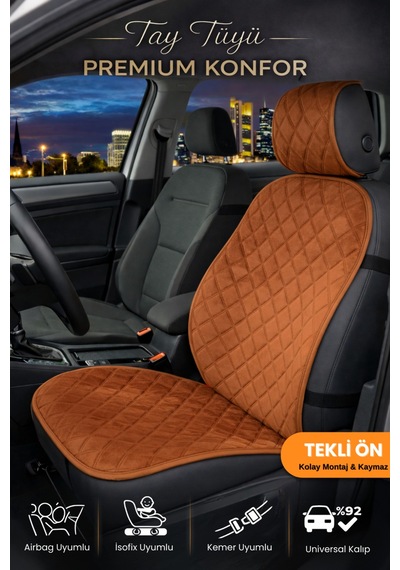 Oto Koltuk Kılıfı Tay Tüyü Tekli Ön Minder 4 Katmanlı Terletmez Airbag Uyumlu - Taba
