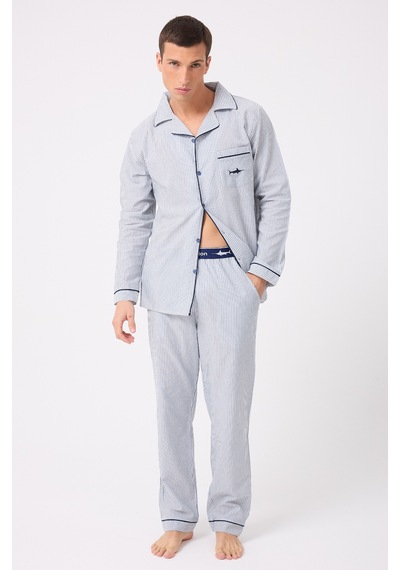 L'espadon Marısılk Seastrıpe Premium Dokuma Uzun Kollu Uzun Paçalı Erkek Pijama Takımı-3321 Mavi