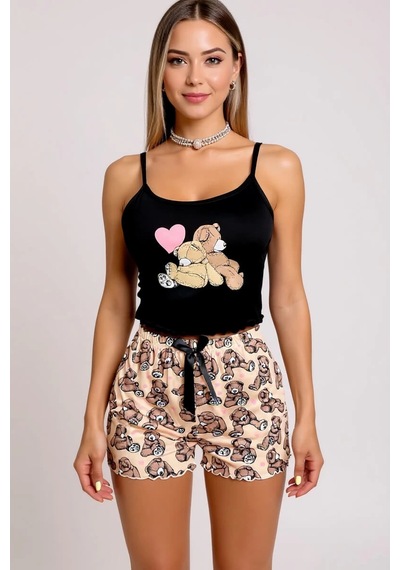 Modadua Renkli Ayıcık Desenli Askılı Şortlu Kadın Pijama Takımı