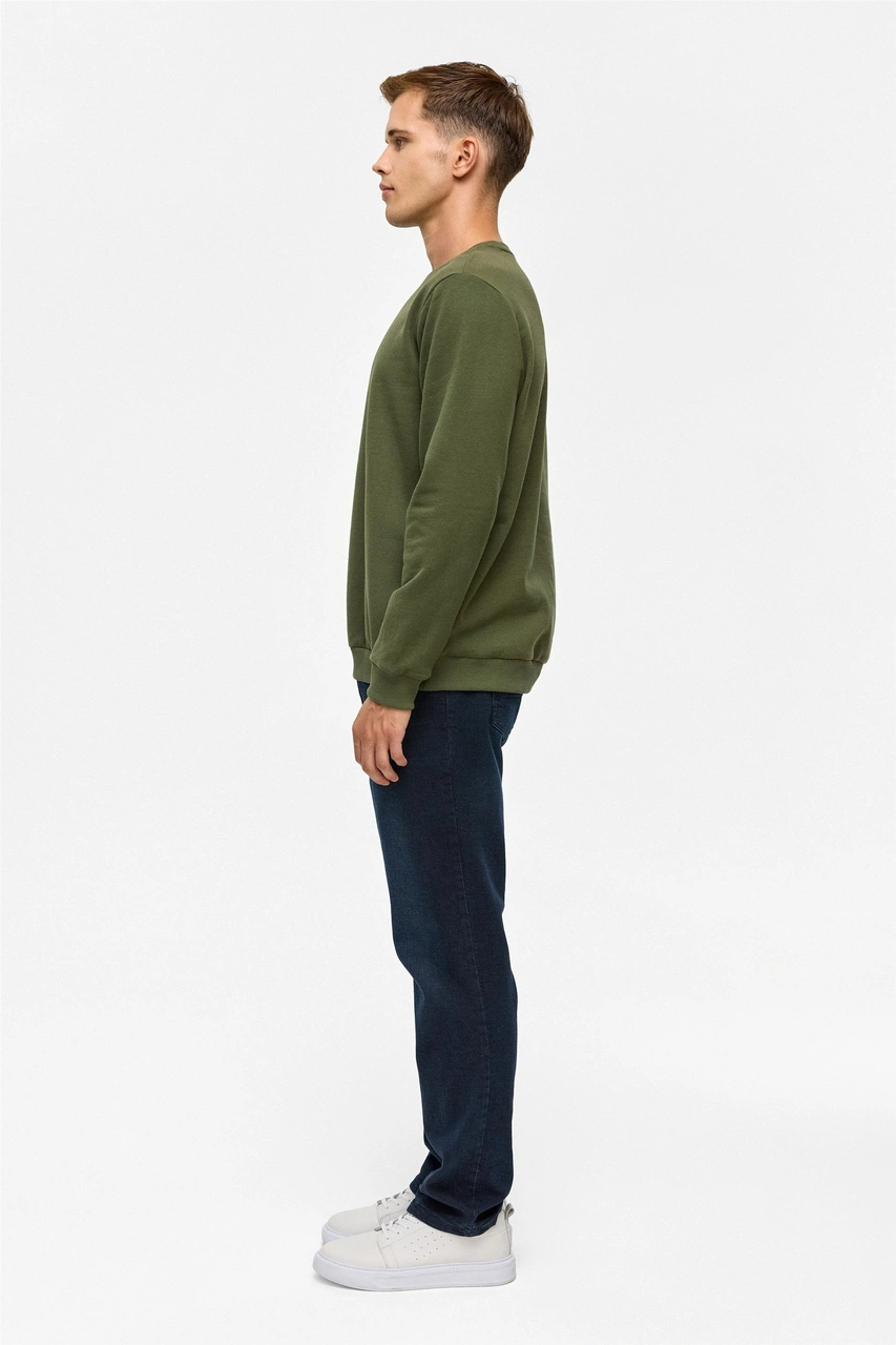 Süvari Haki Regular Düz Bisiklet Yaka Sweatshirt-38801 Haki