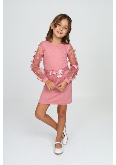 Belden Bağlamalı Tül Detaylı Çocuk Elbise Mykids Collection Pembe
