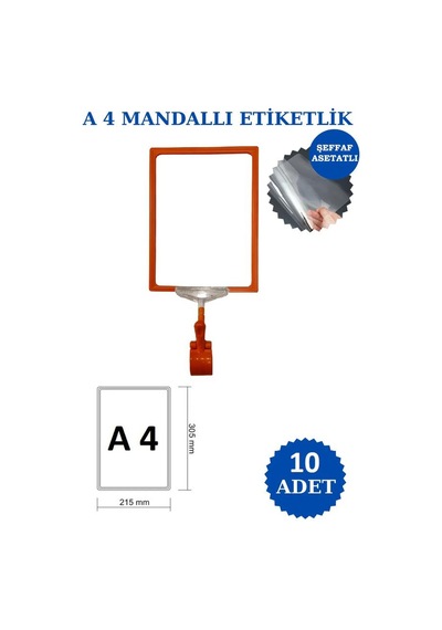 10 Adet Beyaz A4 Mandallı Fiyat Etiketi - Sepet, Stand, Teşhir, Askılık, Çerçeveli Fiyat Etiketi Beyaz