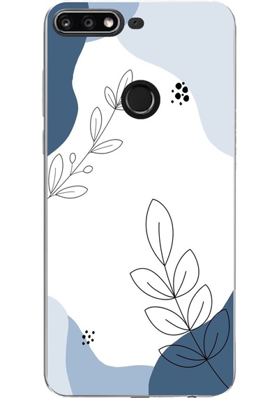 Huawei Y7 2018 - Honor 7c Uyumlu Mavi Huzur Şekiller Ve Botanik Çizgiler Baskılı Silikon Kılıf Renkli