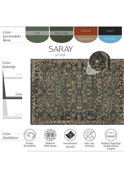 Cool Halı Saray Yeşil Vintage Halı Etnik Çiçek Desen Yumuşak Dokulu Bohem Oturma Odası Salon Halısı