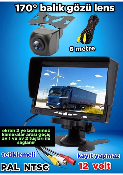 1 Adet 170 Derece Balık Gözü Kamera Ve 7'' Ekran Kayıt Yapmaz 12v