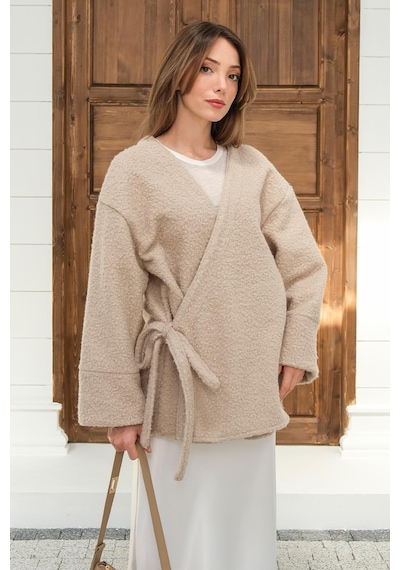 Olcay Önü Bağlamalı Buklet Kimono Ceket Taş 8265