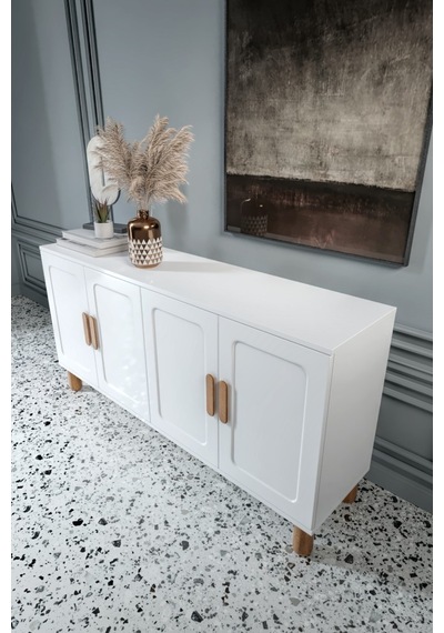 Flora Bohem Konsol 4 Kapaklı Mdf Mebran Kapak 160 Cm Modern Salon Konsolu Beyaz