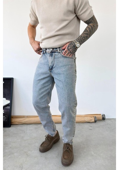 Eskitme Buz Mavi Basic Boyfriend Pantolon Mavi