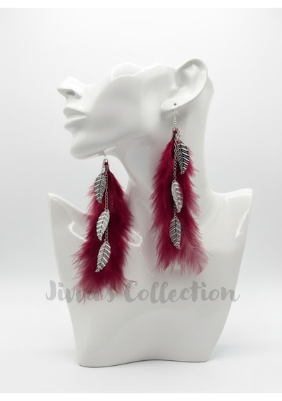 Bohem Bordo Tüy & Yaprak Figürlü Uzun Sallantılı Küpe. Modern Boho Vintage Stil