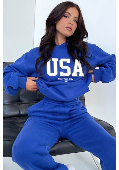 Usa Eşofman Takımı Sweatshirt Jogger - Sax Mavi Baskılı Oversize Şardonlu Kapüşonlu Saks Mavi Usa Eşofman Takımı Sweatshirt Jogger - Sax Mavi Baskılı Oversize Şardonlu Kapüşonlu Saks Mavi