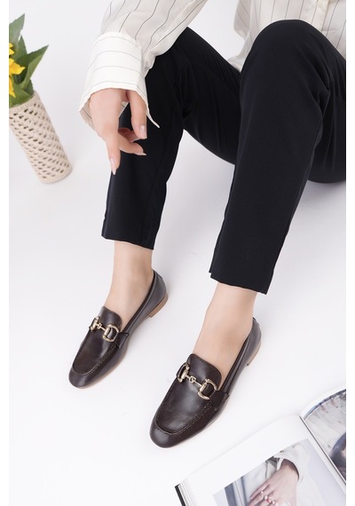 Muggo Stride Metal Tokalı Kadın Günlük Loafer Ayakkabı Kahverengi