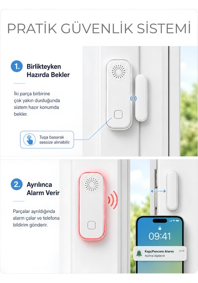 Fletvi Smart Akıllı Kapı Ve Pencere Dedektörü Alarm Sistemi Anlık Bildirimli Alarm Sistemi Sesli Işıklı