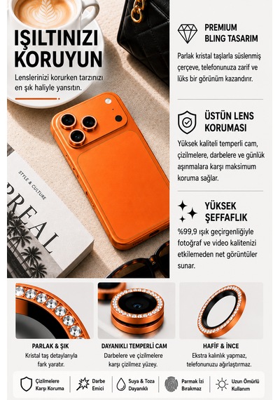 İphone 17 Pro / 17 Pro Max Uyumlu Taşlı Kamera Lens Koruyucu Kozmik Turuncu