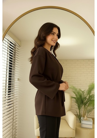 Unika Boutique Kadın Yeni Sezon Kuşaklı Scuba Ceket Kimono Tunik Oversize Trend Rahat Modern Tesettüre Uygun Kahverengi
