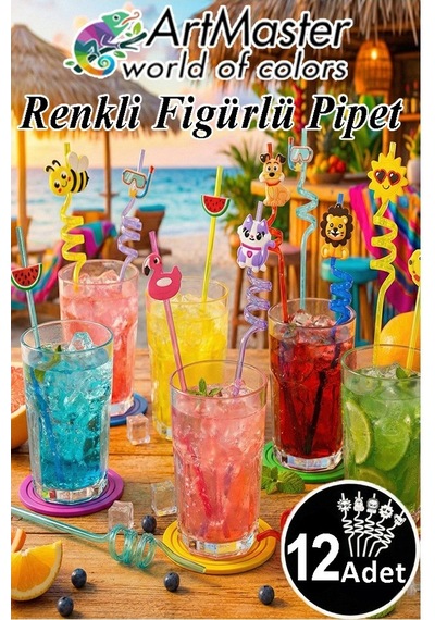 Figürlü Pipet 12 Adet Sevimli Renkli Kıvrımlı Pipet 26 Cm Ev Dekoratif Kokteyl Yıkanabilir Emoji Çocuklar İçin