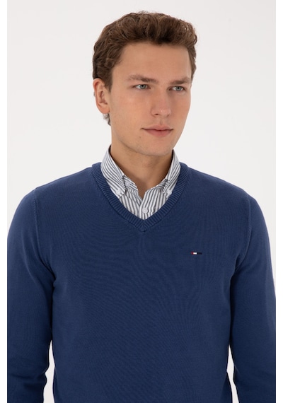 U.S. Polo Assn. Erkek Slim Fit V Yaka İndigo Basic Kazak 50313668-VR028