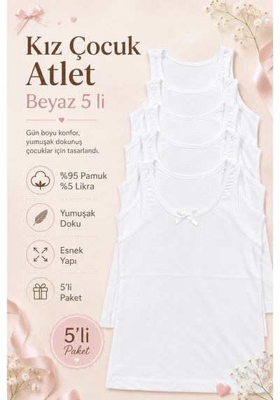 Nicoletta Kız Çocuk Atlet Geniş Askılı 5 Li Paket Likralı Beyaz