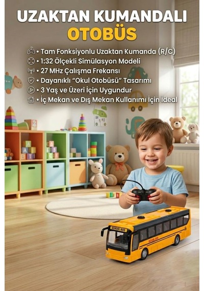 Uzaktan Kumandalı 4 Fonksiyonlu Işıklı 27mhz 1:32 Ölçülü Detaylı Servis Tasarımlı Oyuncak Otobüs Sarı