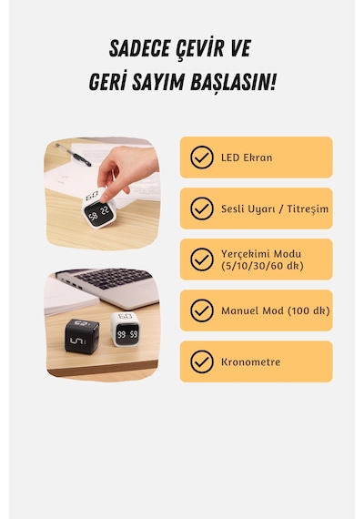 GWORKE  Gt-1 Pomodoro Zamanlayıcı Küp Flip Timer Öğrenci Ders Çalışma Saati, Mutfak Kronometresi - Beyaz