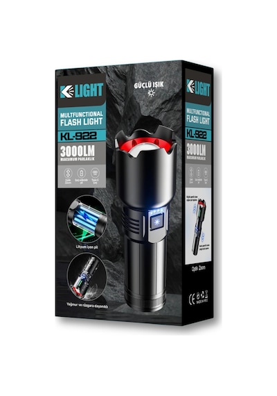 Klight Kl-922 3000 Lm Şarjlı Güçlü Uzun Menzil Araç-acil Durum Led El Feneri Çok Renkli