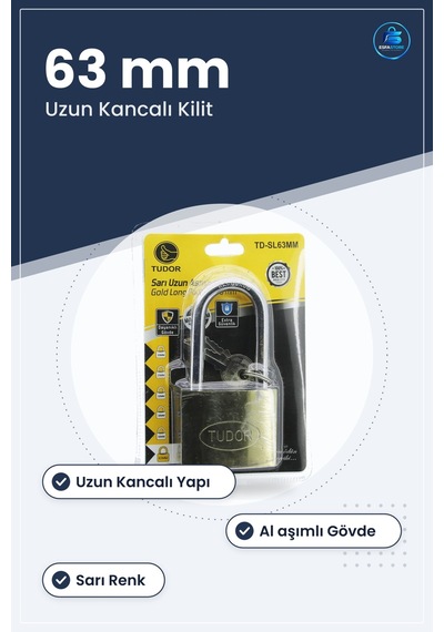 Asma Kilit 63mm Uzun Kancalı Sarı Dayanıklı Alaşımlı Gövde Güvenl