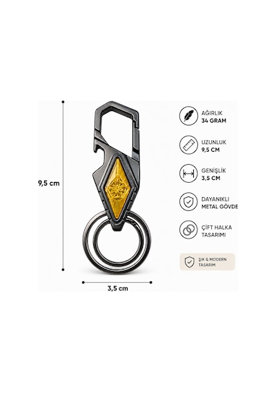 Premium Metal Karabinalı Anahtarlık Çift Halkalı Şık Tasarım 9,5 Cm Gri