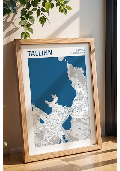 Tallinn Estonya Haritası Çerçeveli Tablo Lüks Salon Ofis Duvar Dekorasyonu Hediyelik Tablo Kayın