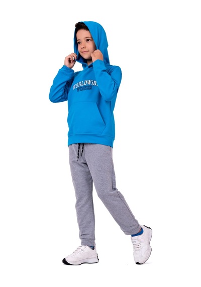Mnk Baby & Kids Erkek Çocuk Worldwide Winner Nakışlı Kanguru Cepli Kapüşonlu Eşofman Takımı Mavi