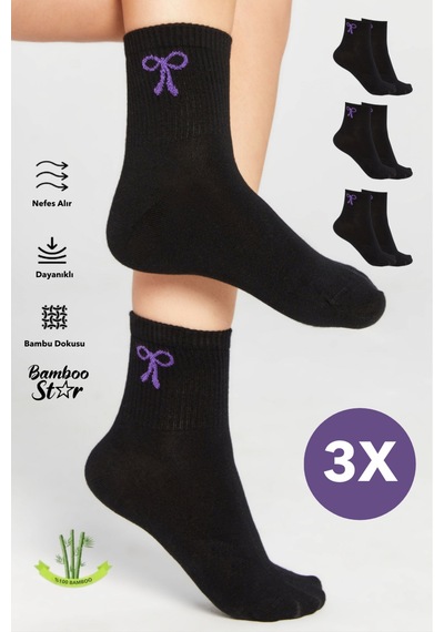 Bamboo Star Bambu Kadın Siyah Tenis Kolej Fiyonk Desenli Premium Dikişsiz Siyah Soket Çorap 3'lü Paket