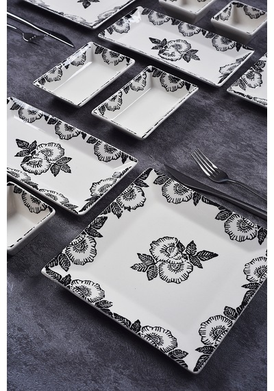 Piatti Naturali 12 Parça 4 Kişilik Black Rose Kahvaltı Takımı Handmade Sunum Set Siyah