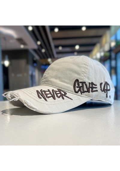 Valkyrie Unisex Krem Never Give Up Nakışlı Baseball Şapka Ayarlanabilir Vintage Streetwear Spor Kep