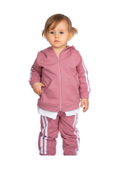 Mai Perla Yandan Çizgili Kanguru Cepli Fermuarlı Sports Wear 2 Li Bebek Takım Pembe