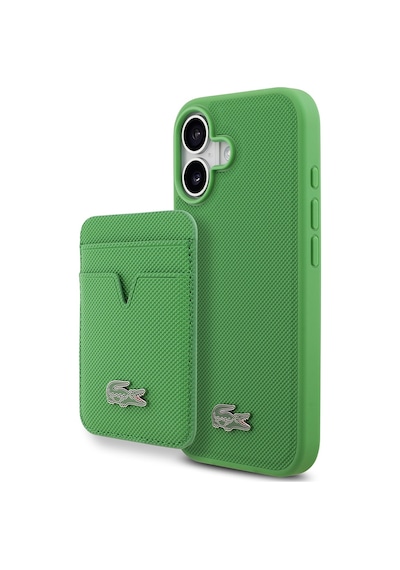 Apple Uyumlu iPhone 17 Kılıf Lacoste Lisanslı M-safe Özellikli Pu Pike Desenli Metal Logolu Kartlıklı Kapak Yeşil Yeşil