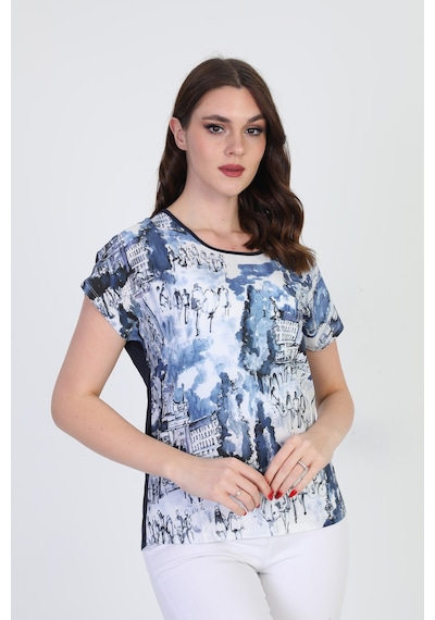 Ella Camelia Kadın Desenli Kısa Kol Bluz 19E034 Lacivert