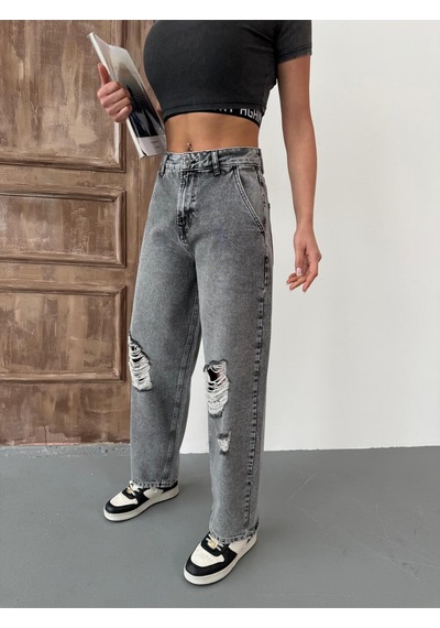 Kadın Skater Fit Yırtık Detaylı Yüksek Bel Kot Pantolon Gri Gri