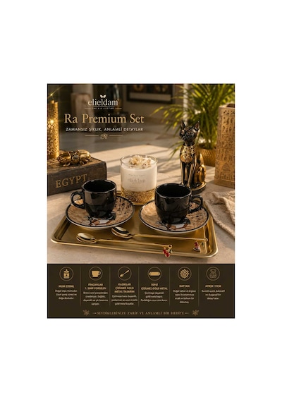 Doğum Günü, Özel Gün, Yeni İş, Yeni Ev Hediyesi Doğal Soya Mum, Mısır Temalı Porselen Fincan, Gold Tepsi Ve Rattan Vazo Seti