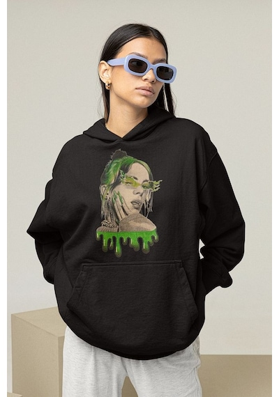 Tasarım Billie Eilish Baskılı Unisex Oversize Şarkıcı Hoodie Siyah