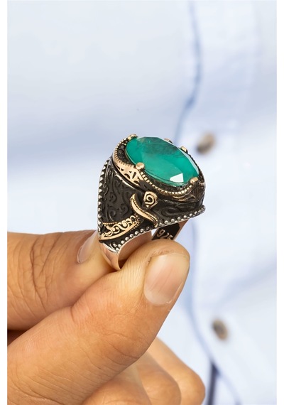Paraiba Taşlı Zülfikar Motifli Gümüş Erkek Yüzük -8435 Gümüş