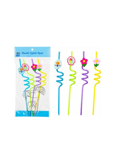 Kıvrımlı Renkli Plastik Pipet - Figürlü Tasarım - 4'lü Paket - Pg2423