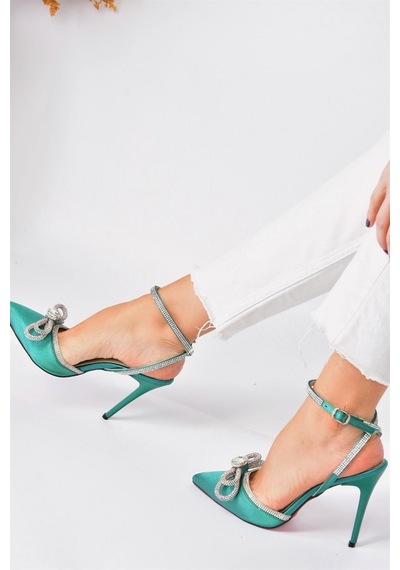 Fox Shoes Yeşil Saten Kumaş Taşlı Kadın Topuklu Ayakkabı K6540512